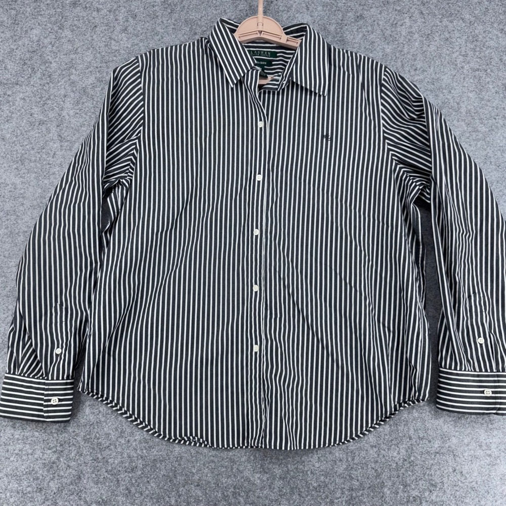 Lauren Ralph Lauren Women XL Black Striped Non-Iron Cotton Button Down Shirt
